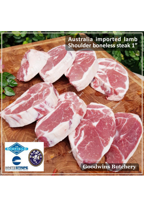 Lamb collar SHOULDER BONELESS Australia frozen steak cuts 2.5cm 1" (price/pack 1kg 3-4pcs) brand Wammco / Midfield / WhiteStripe